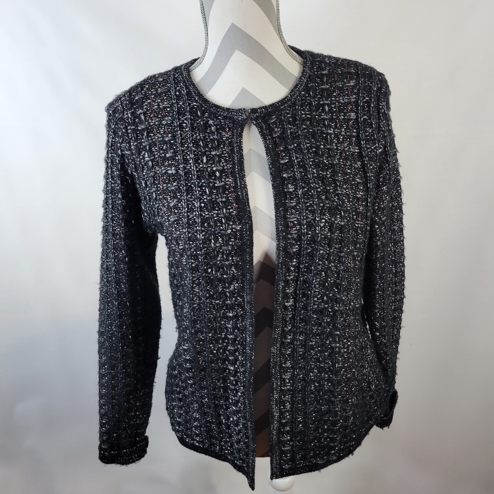 Liz Claiborne Open Front Cardigan Black w Metallic Thread Silver/Pink Size Small